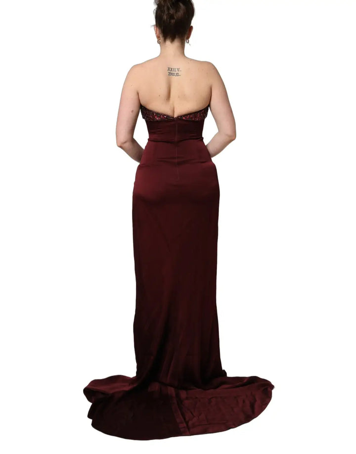 Dolce &amp; Gabbana Maroon Embellished Vneck Evening Gown Dress