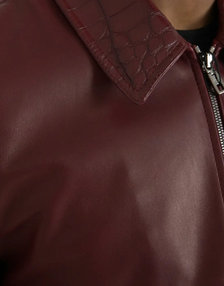 Dolce &amp; Gabbana Maroon Exotic Leather Zip Biker Coat Jacket