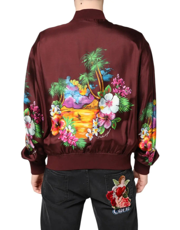 Dolce &amp; Gabbana Maroon Floral Print Full Zip Bomber Jacket