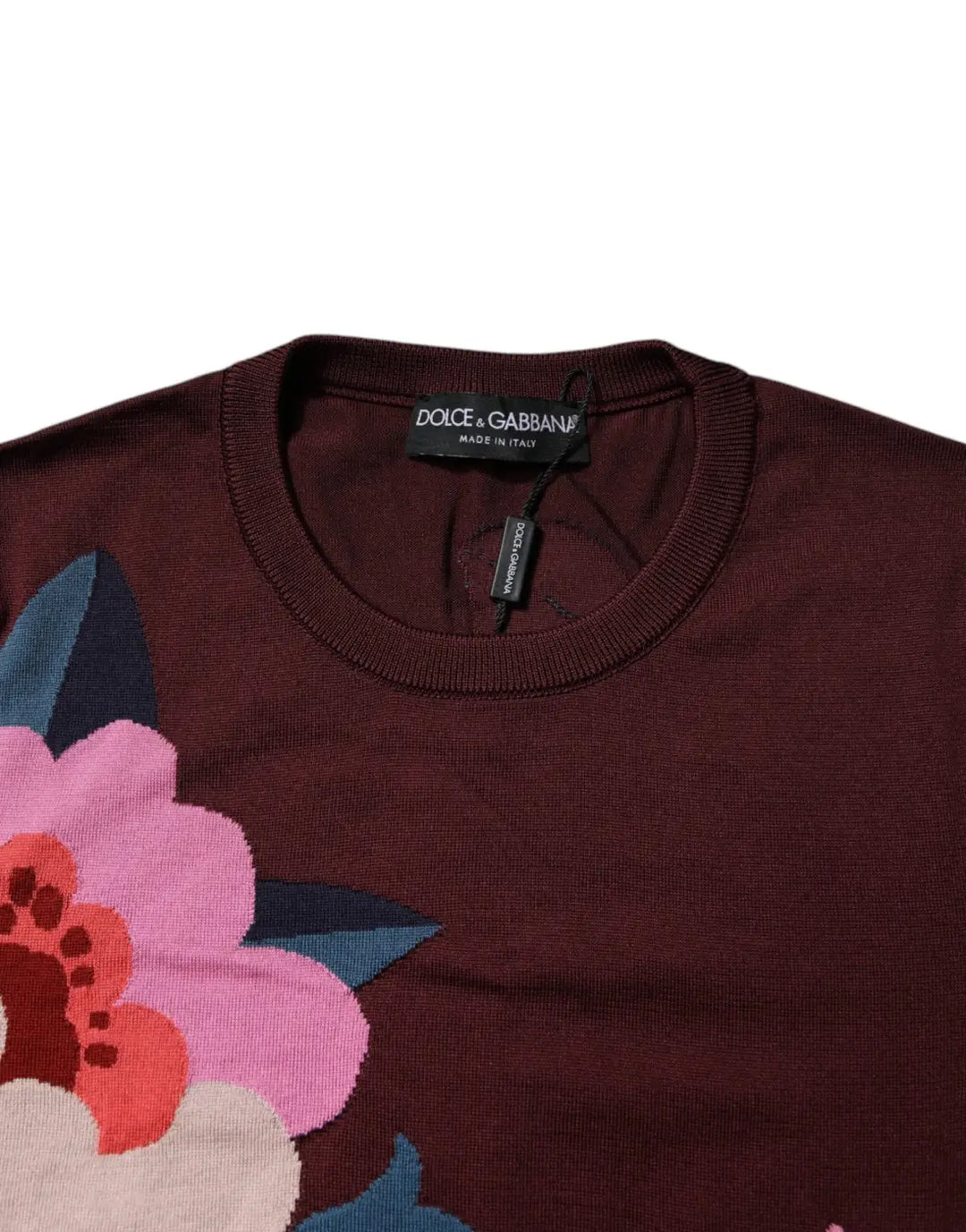 Dolce &amp; Gabbana Maroon Floral Silk Crew Neck Blouse Top