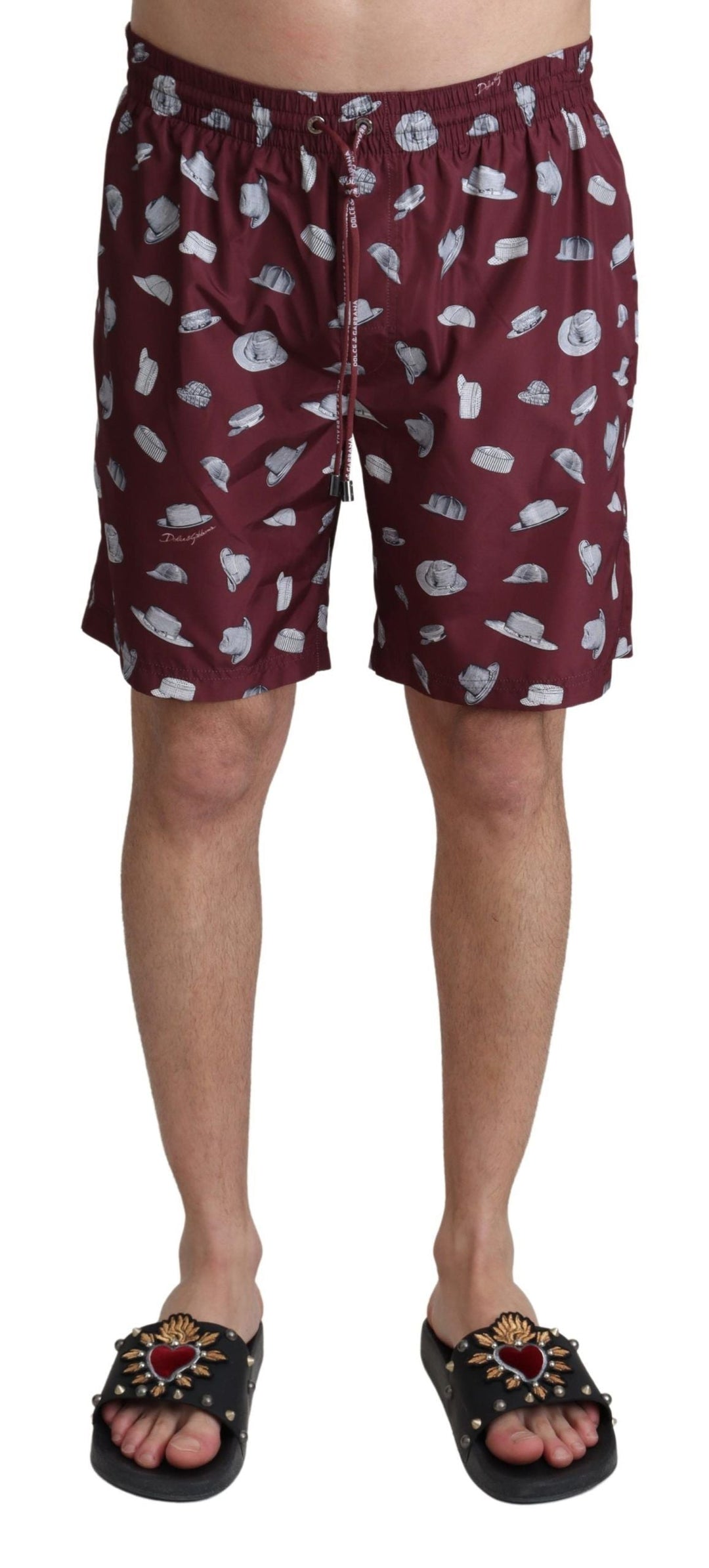 Dolce &amp; Gabbana Maroon Hats Print Beachwear Shorts Swimwear