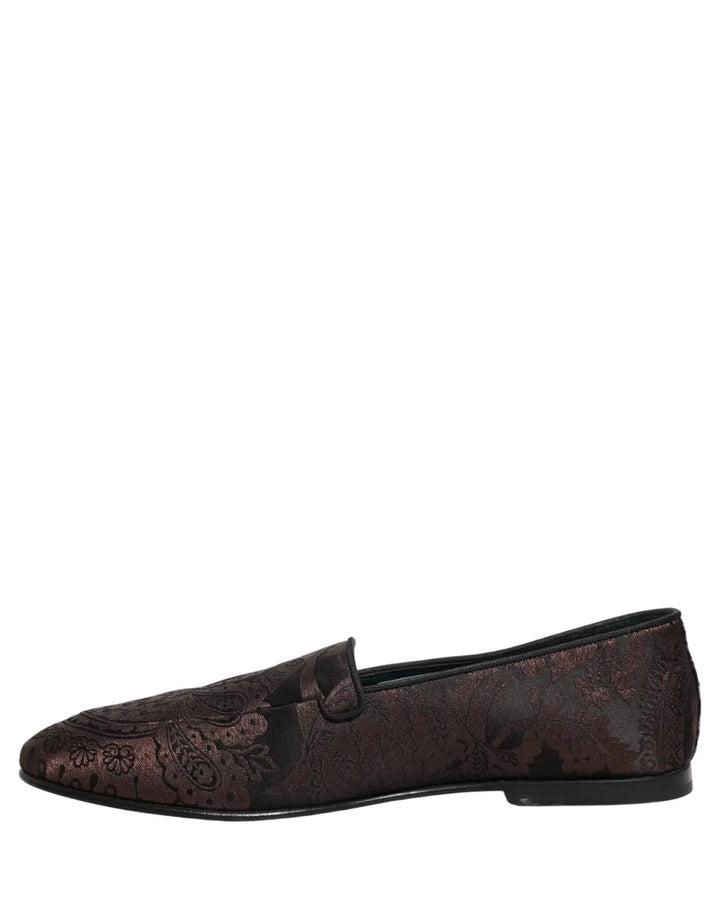 Dolce &amp; Gabbana Maroon Jacquard Leather Slip On Loafers Shoes