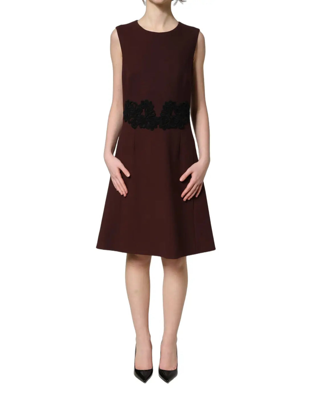 Dolce & Gabbana Maroon Lace Sleeveless Knee Length Dress