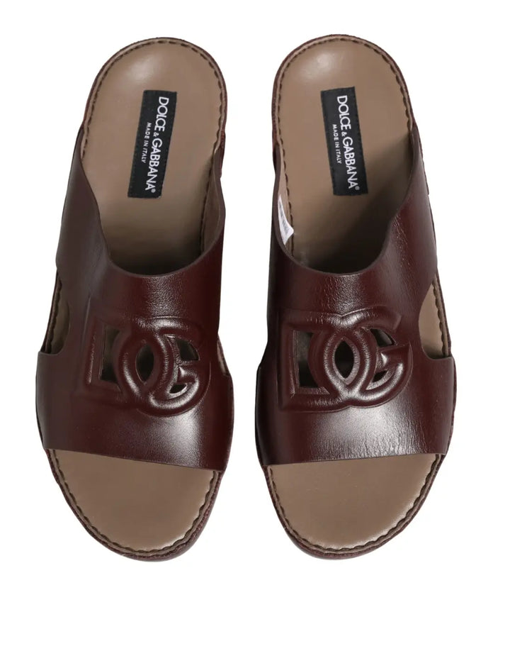 Dolce &amp; Gabbana Maroon Leather Cutout DG Logo Sandals Shoes