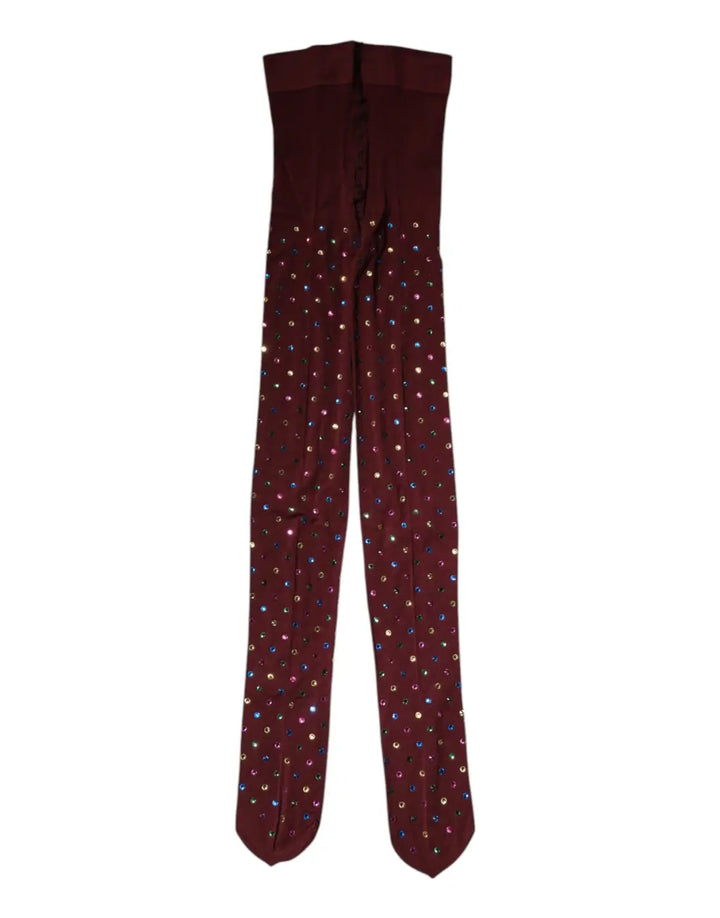 Dolce &amp; Gabbana Maroon Nylon Crystal Embellished Pantyhose Tights