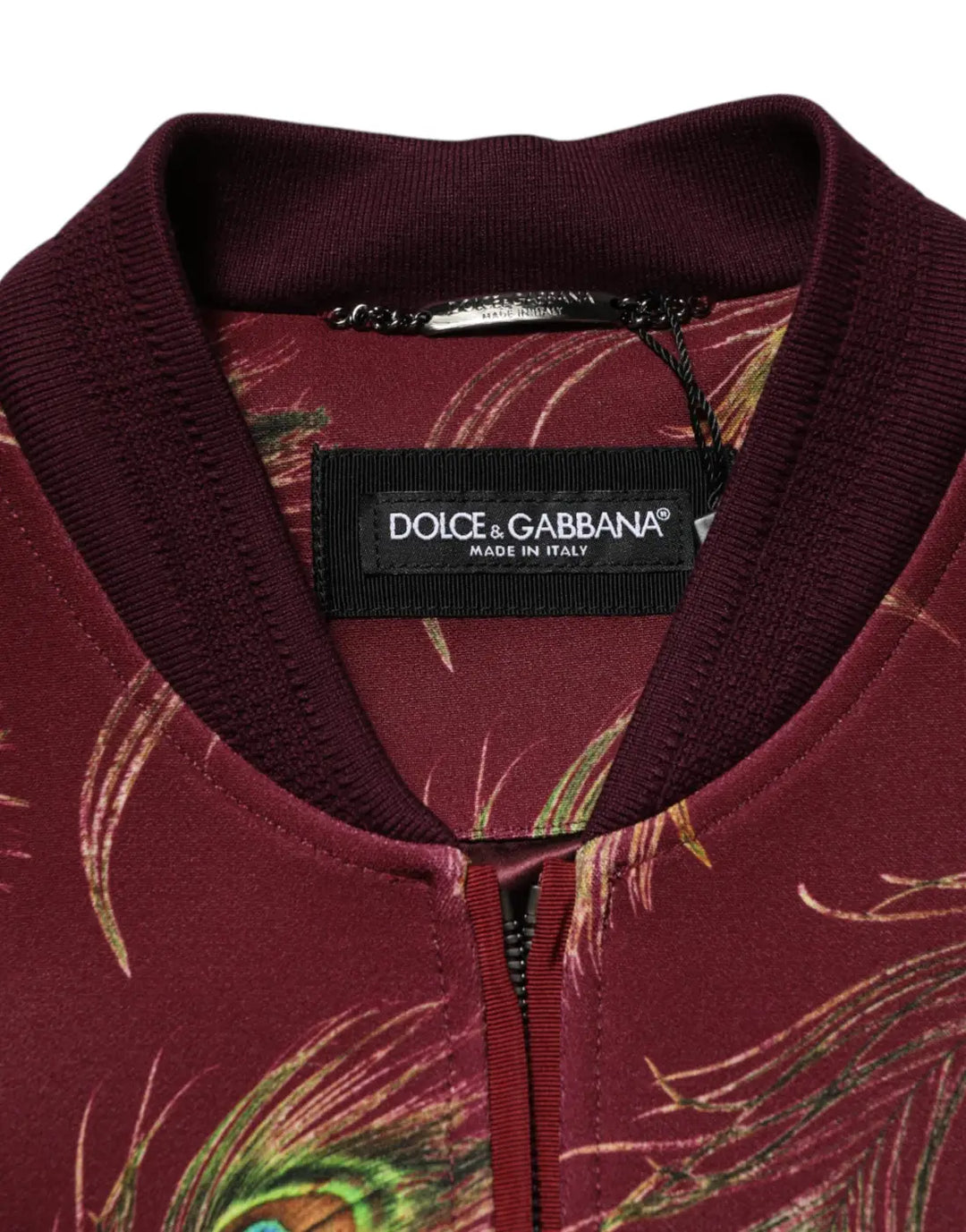 Dolce &amp; Gabbana Maroon Peacock Feather Print Bomber Jacket