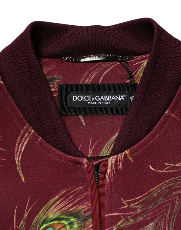 Dolce &amp; Gabbana Maroon Peacock Feather Print Bomber Jacket