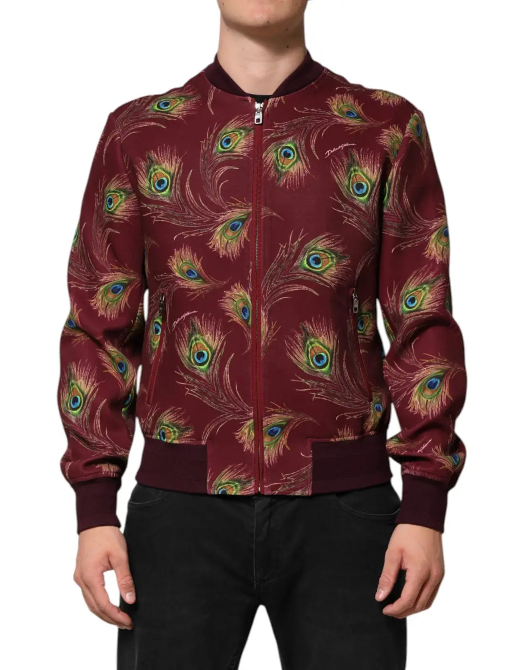 Dolce &amp; Gabbana Maroon Peacock Feather Print Bomber Jacket