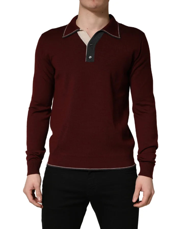 Dolce &amp; Gabbana Maroon Re-Edition Wool Long Sleeves T-shirt