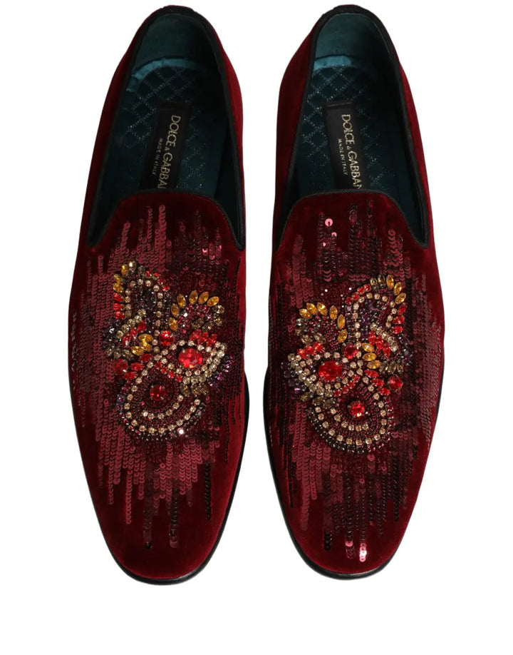 Dolce &amp; Gabbana Maroon Sequin Gemstone Dress Loafers Shoes