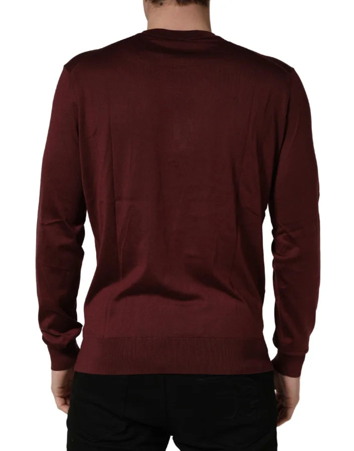 Dolce &amp; Gabbana Maroon Silk Men Crew Neck Pullover Sweater