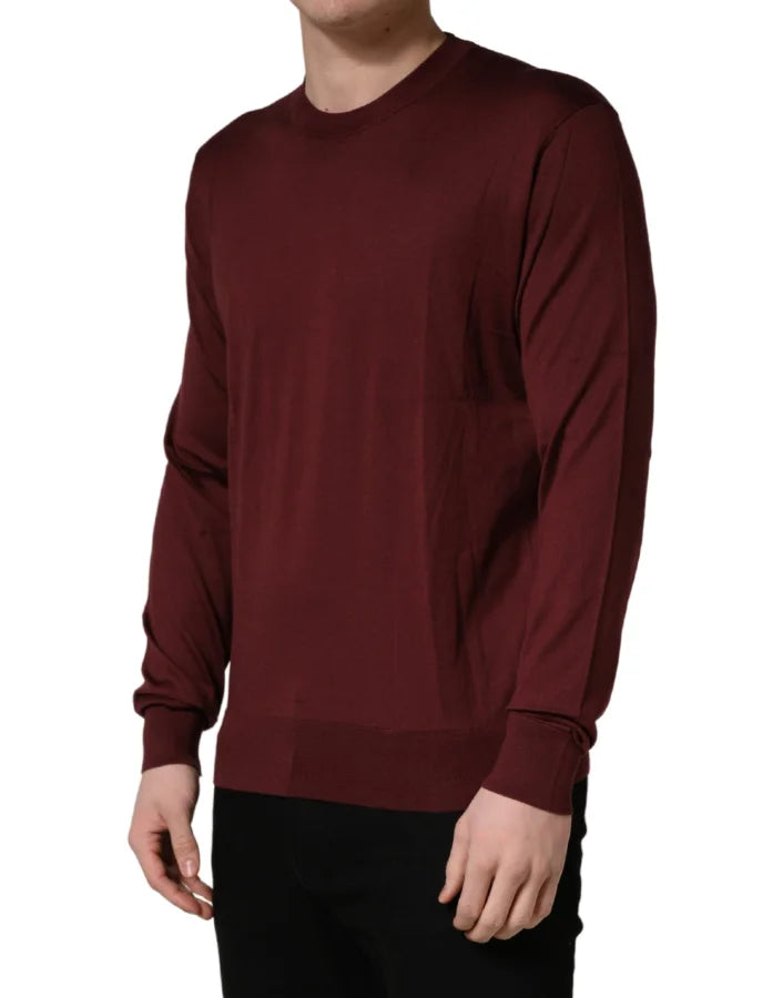 Dolce &amp; Gabbana Maroon Silk Men Crew Neck Pullover Sweater