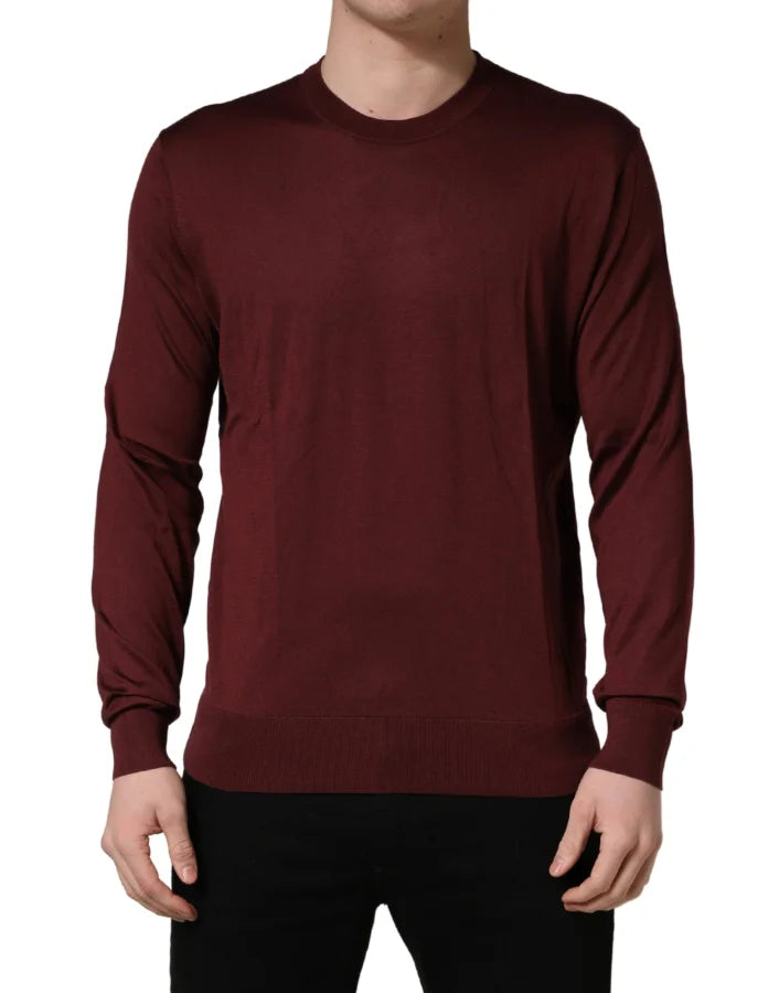 Dolce &amp; Gabbana Maroon Silk Men Crew Neck Pullover Sweater