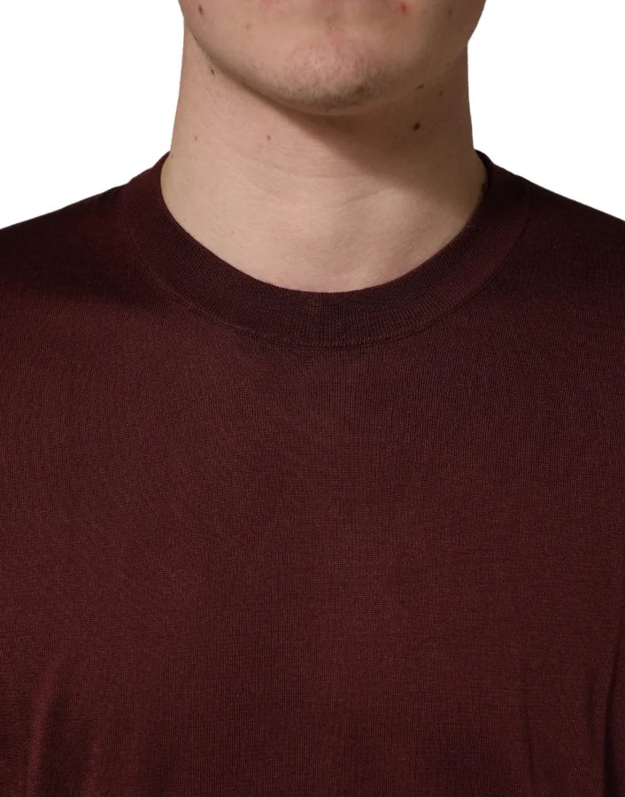 Dolce &amp; Gabbana Maroon Silk Men Crew Neck Pullover Sweater