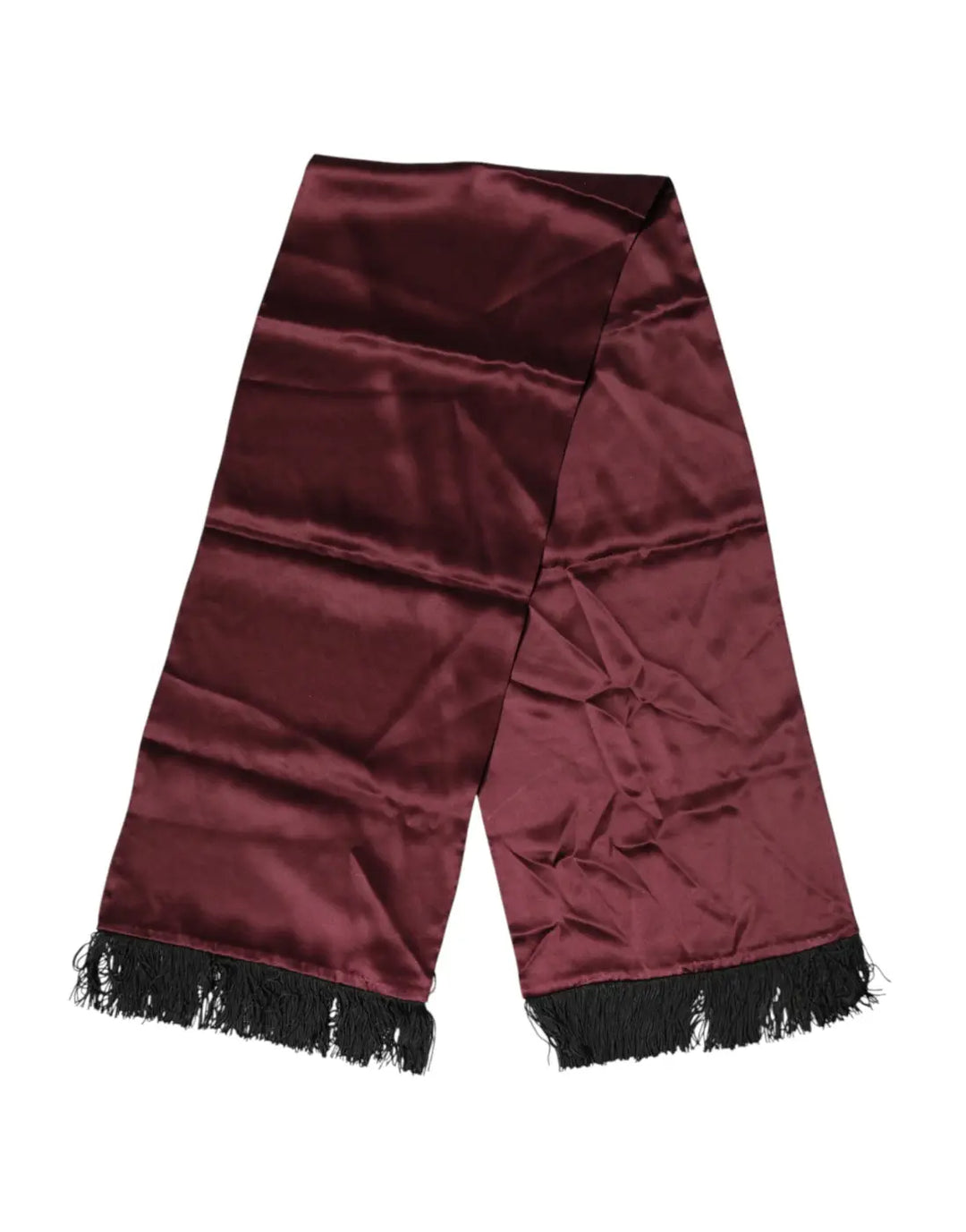 Dolce &amp; Gabbana Maroon Silk Satin Fringes Neck Foulard Scarf