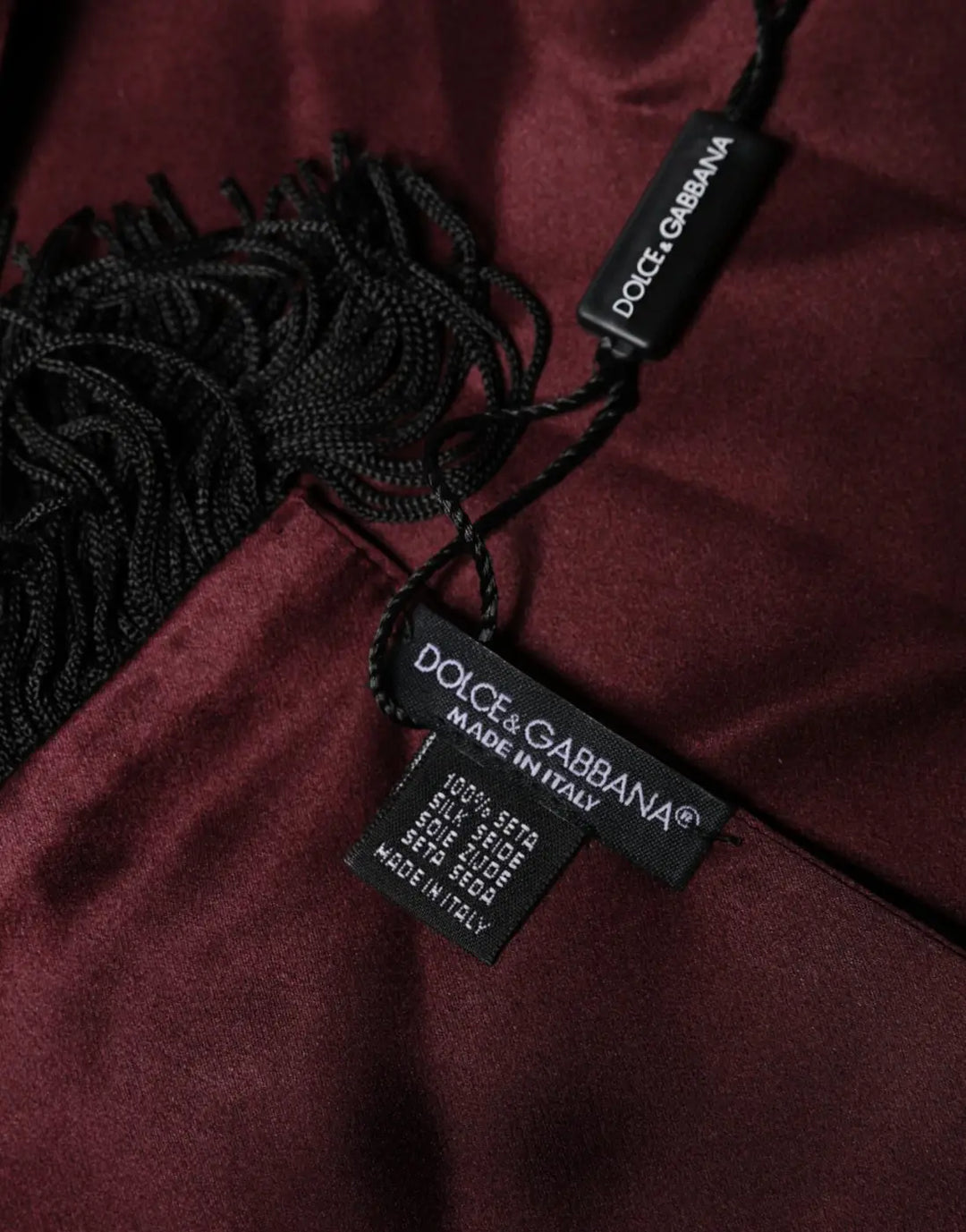 Dolce &amp; Gabbana Maroon Silk Satin Fringes Neck Foulard Scarf