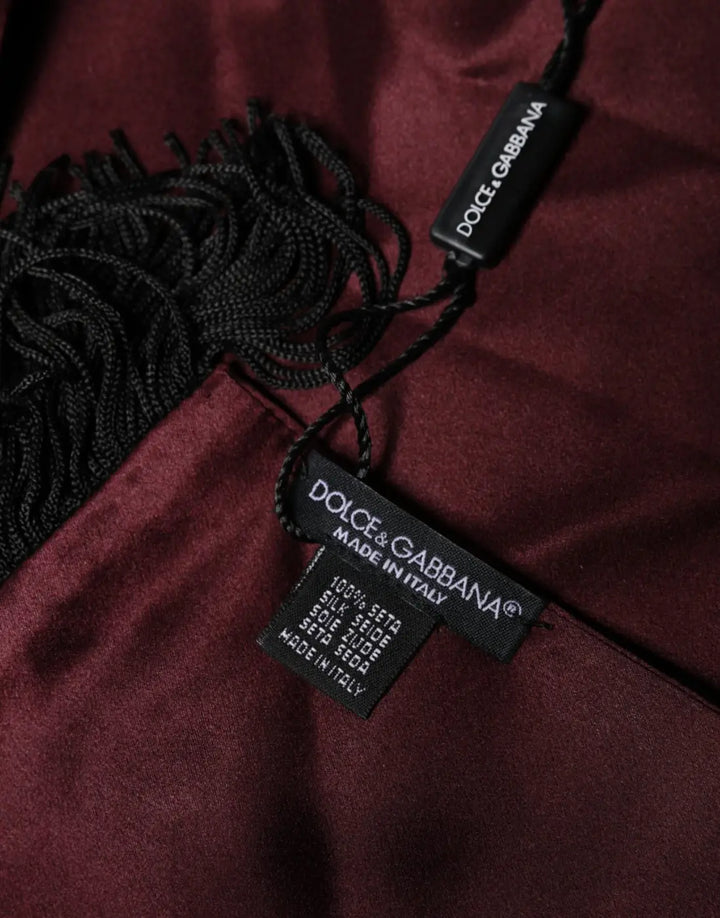 Dolce &amp; Gabbana Maroon Silk Satin Fringes Neck Foulard Scarf