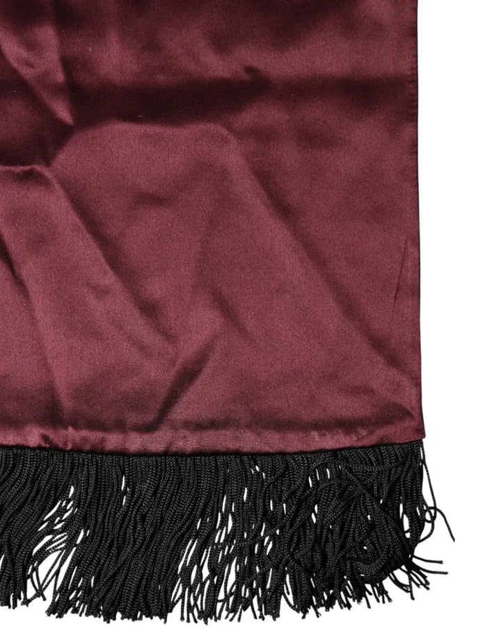 Dolce &amp; Gabbana Maroon Silk Satin Fringes Neck Foulard Scarf