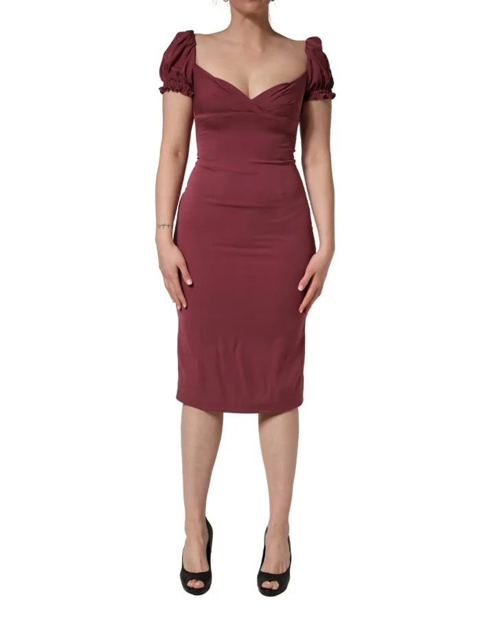 Dolce &amp; Gabbana Maroon Silk Sweetheart Sheath Midi Dress