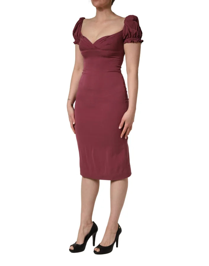 Dolce &amp; Gabbana Maroon Silk Sweetheart Sheath Midi Dress