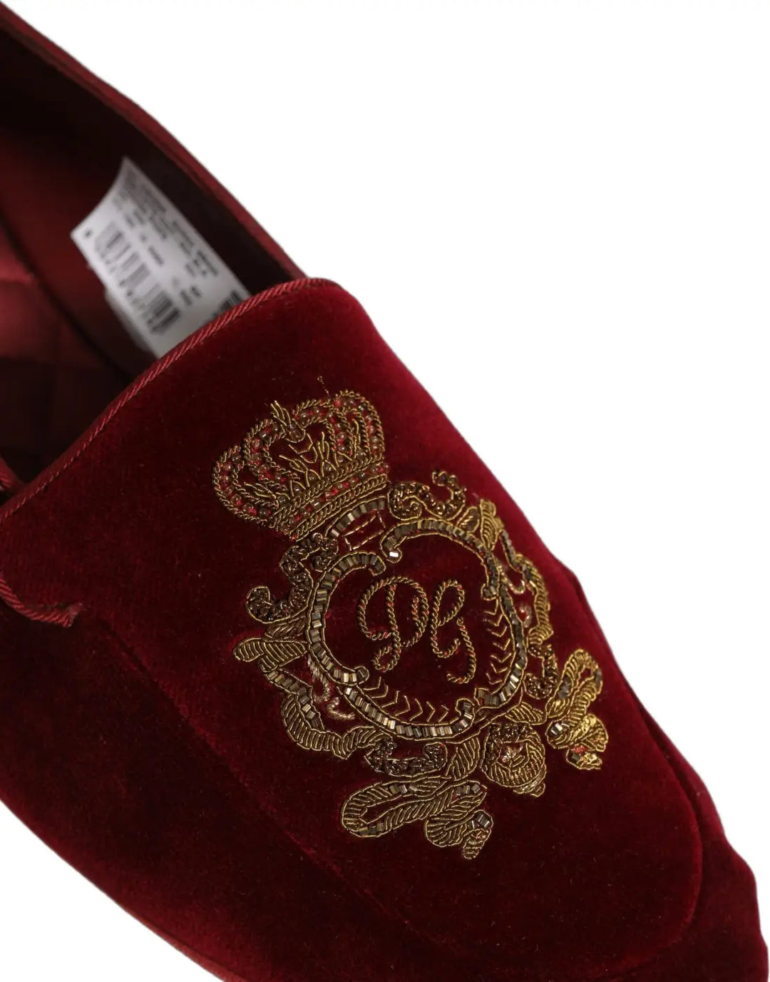 Dolce &amp; Gabbana Maroon Velvet Crown Embroidery Loafers Shoes