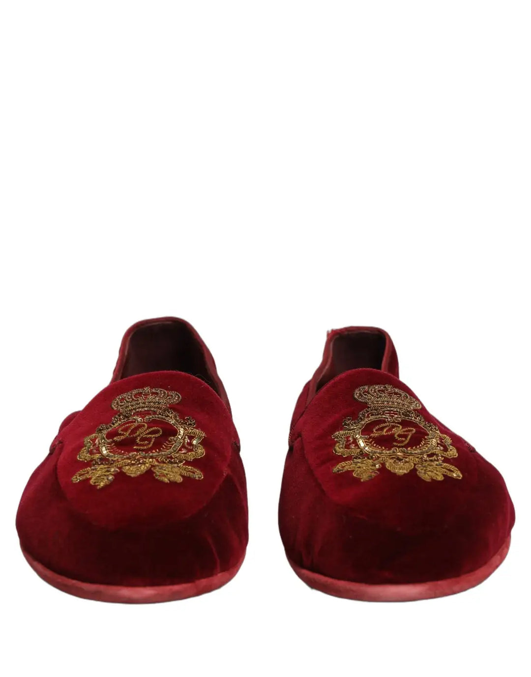 Dolce &amp; Gabbana Maroon Velvet Crown Embroidery Loafers Shoes