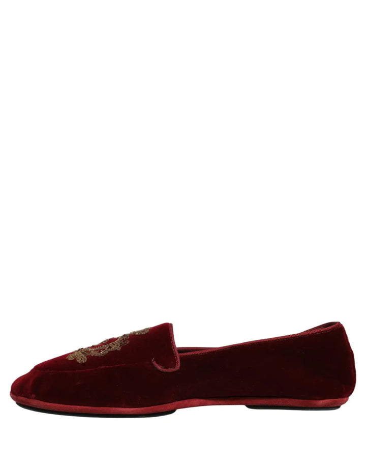 Dolce &amp; Gabbana Maroon Velvet Crown Embroidery Loafers Shoes