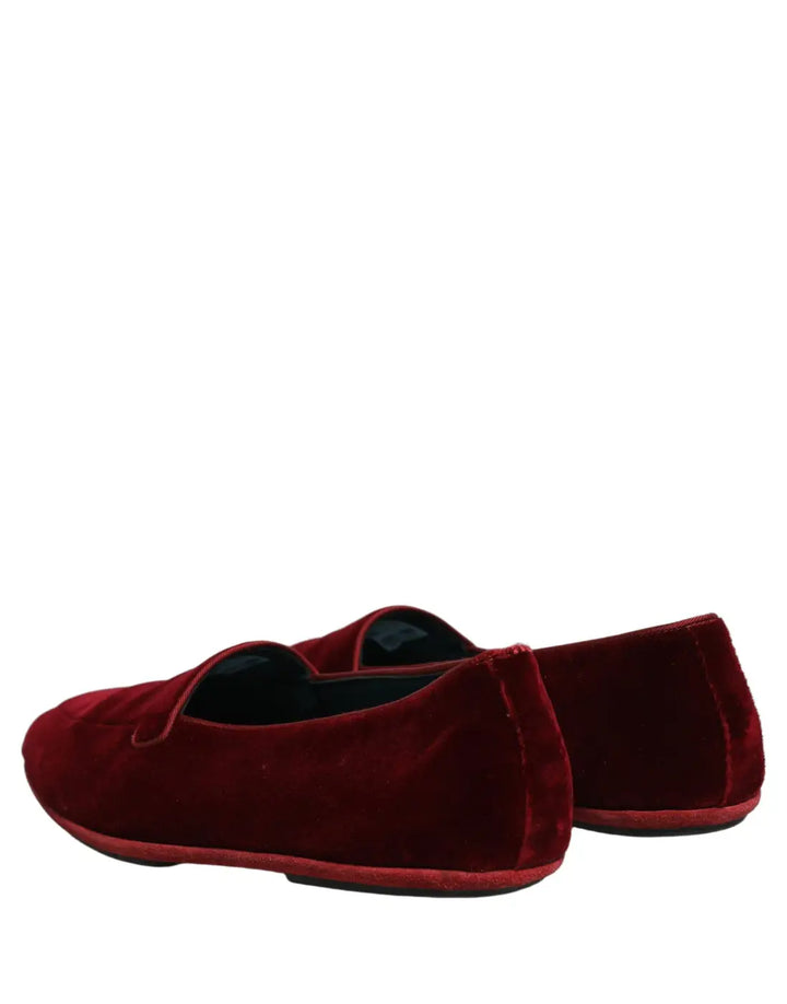 Dolce &amp; Gabbana Maroon Velvet Slip On Men Flats Loafers Shoes