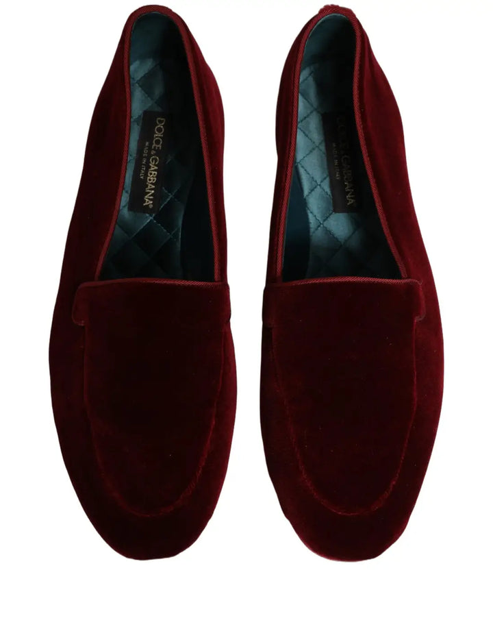 Dolce &amp; Gabbana Maroon Velvet Slip On Men Flats Loafers Shoes