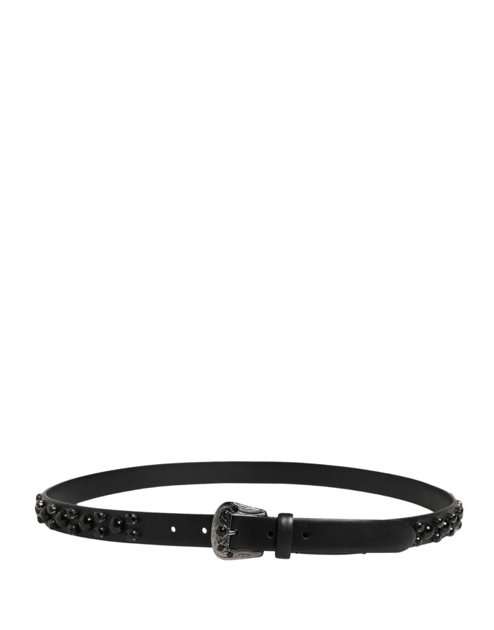 Dolce &amp; Gabbana Men Black Calf Embellished Metal Buckle Belt