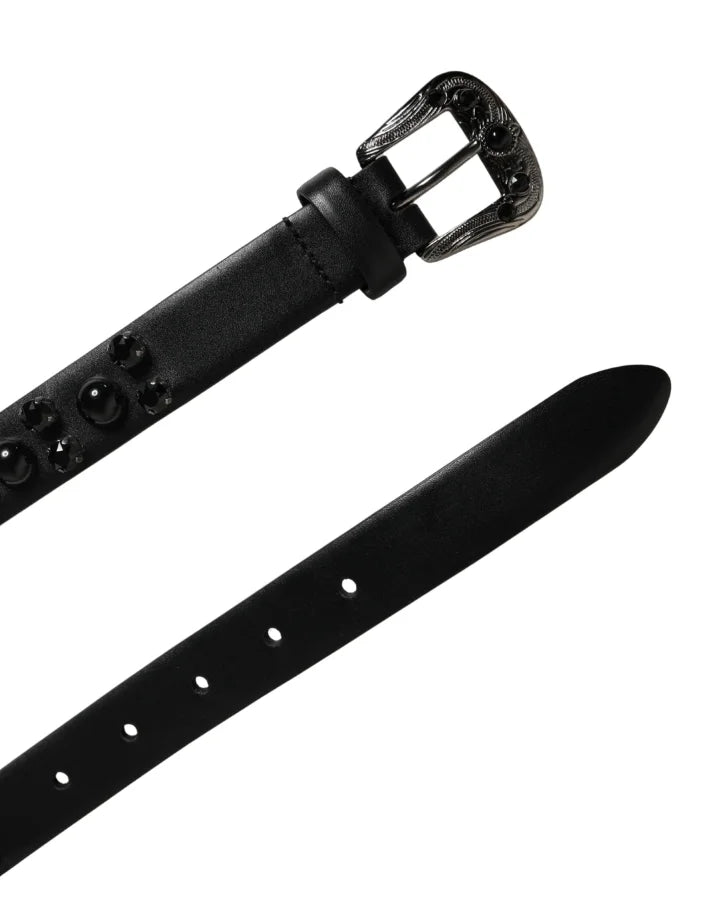 Dolce &amp; Gabbana Men Black Calf Embellished Metal Buckle Belt