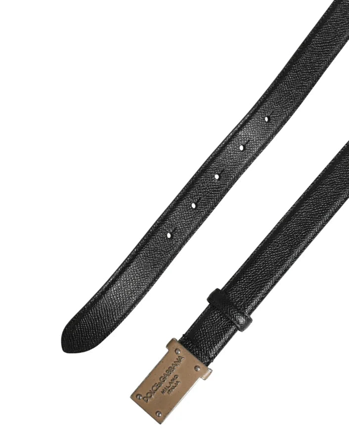 Dolce &amp; Gabbana Men Black Calf Leather Logo Metal Buckle Belt
