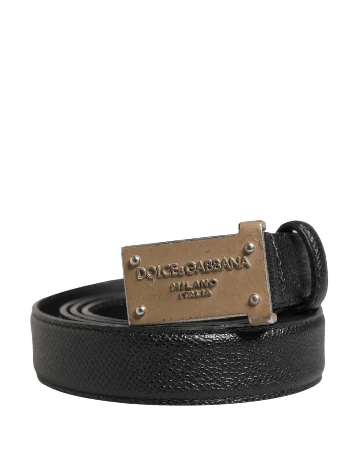 Dolce &amp; Gabbana Men Black Calf Leather Logo Metal Buckle Belt