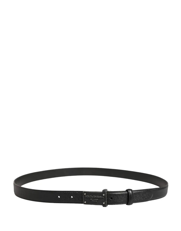 Dolce &amp; Gabbana Men Black Calf Leather Logo Metal Buckle Belt