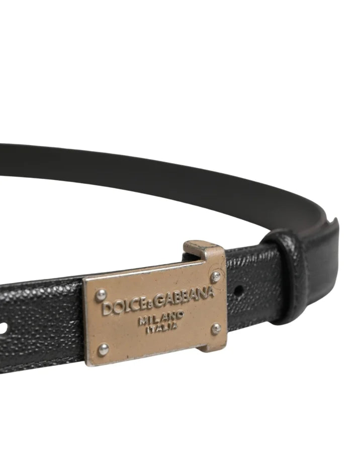 Dolce &amp; Gabbana Men Black Calf Leather Logo Metal Buckle Belt