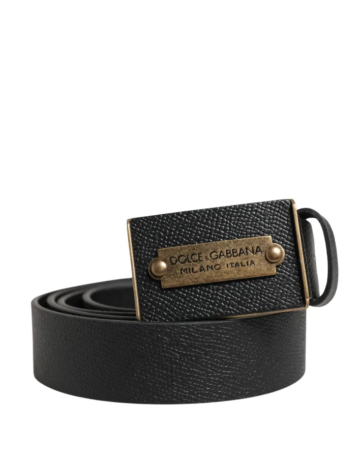 Dolce &amp; Gabbana Men Black Calf Leather Metal Buckle Belt