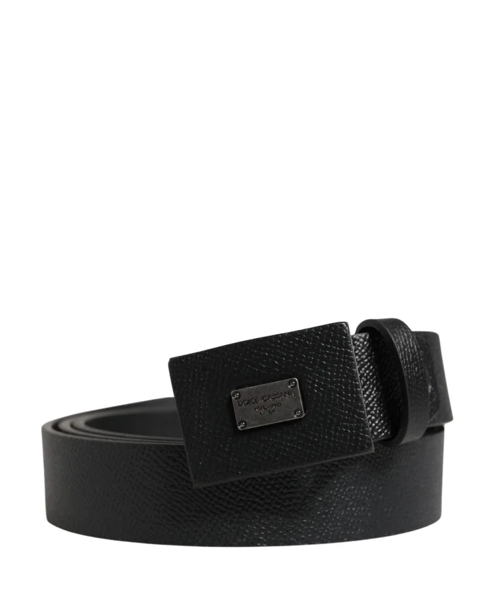 Dolce &amp; Gabbana Men Black Calfskin Leather Square Buckle Belt