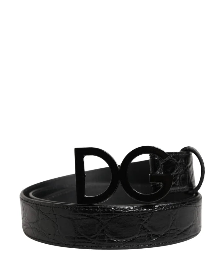 Dolce &amp; Gabbana Men Black Exotic Leather Logo Buckle Belt