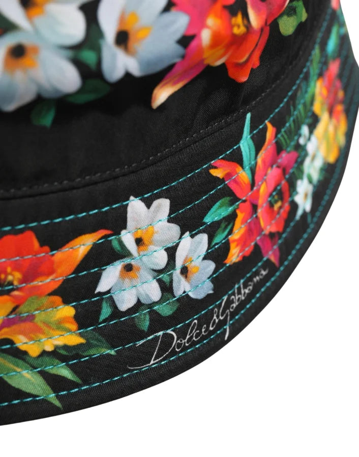 Dolce & Gabbana Men Black Floral Print Nylon Fisherman Cap Hat