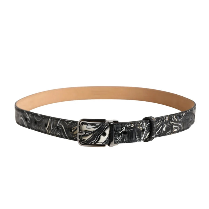 Dolce &amp; Gabbana Men Black Marble Leather Metal Buckle Belt