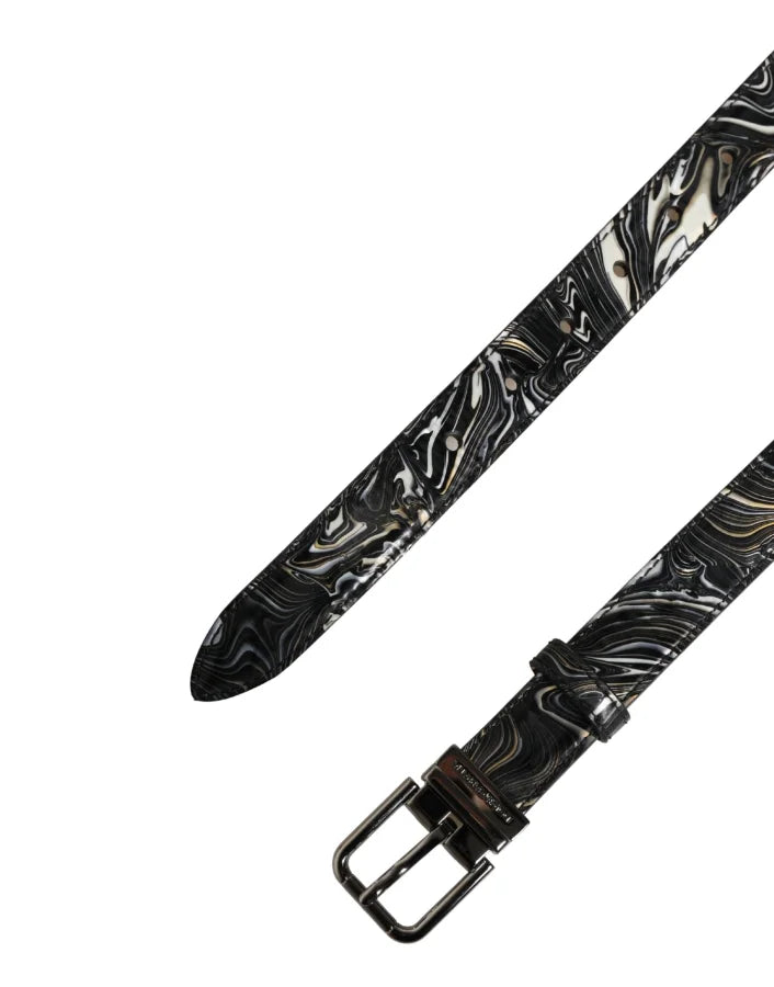 Dolce &amp; Gabbana Men Black Marble Leather Metal Buckle Belt