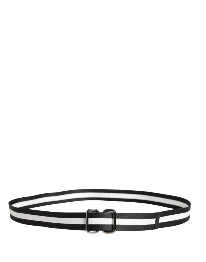 Dolce &amp; Gabbana Men Black White Nylon Logo Metal Buckle Belt