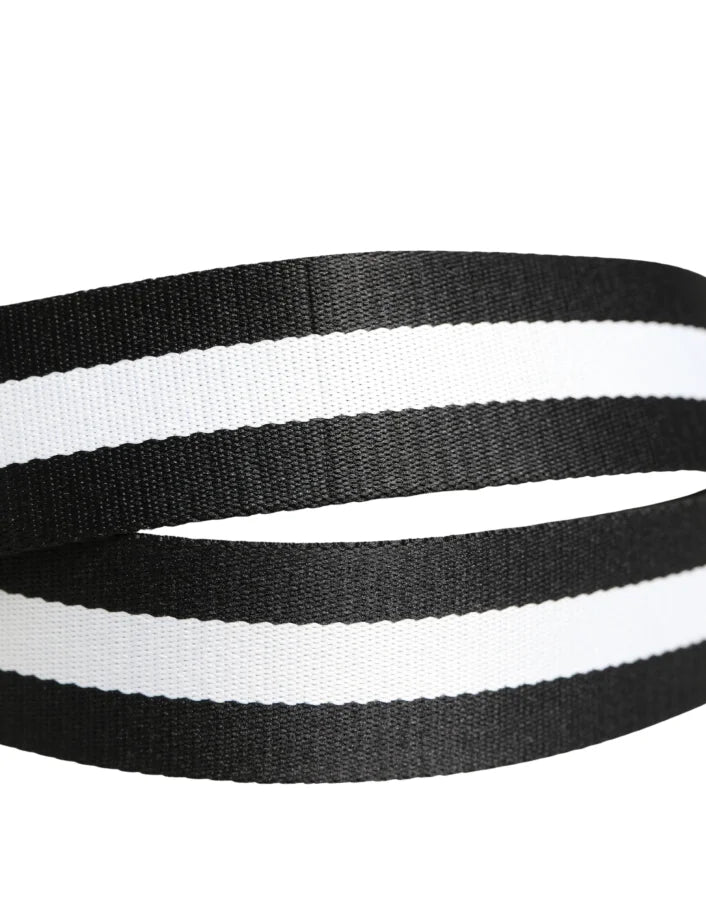 Dolce &amp; Gabbana Men Black White Nylon Logo Metal Buckle Belt