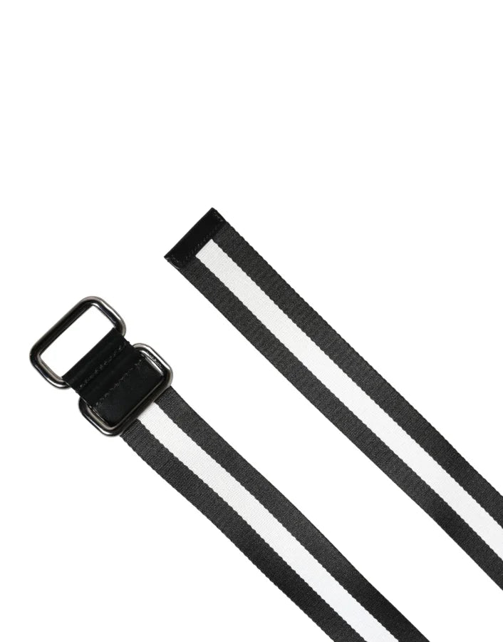 Dolce &amp; Gabbana Men Black White Nylon Logo Metal Buckle Belt