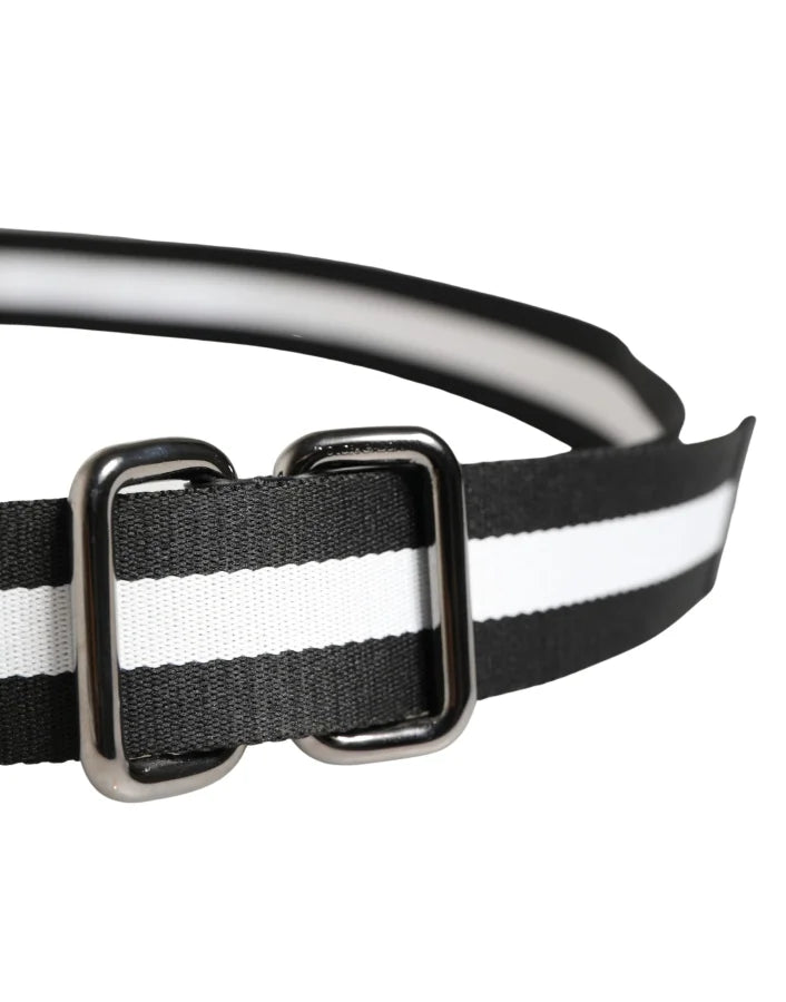 Dolce &amp; Gabbana Men Black White Nylon Logo Metal Buckle Belt