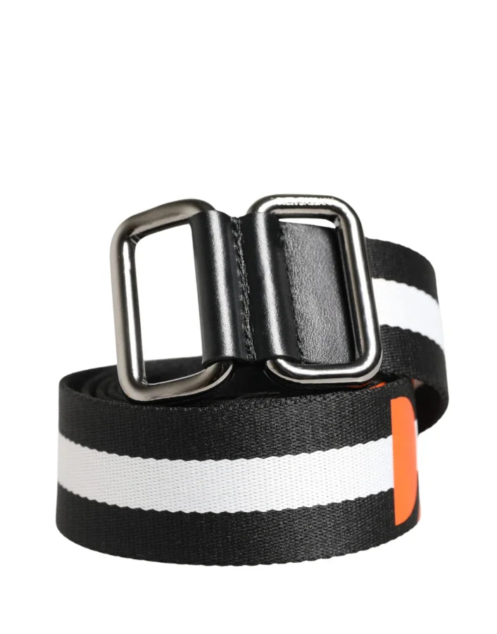 Dolce &amp; Gabbana Men Black White Nylon Logo Metal Buckle Belt