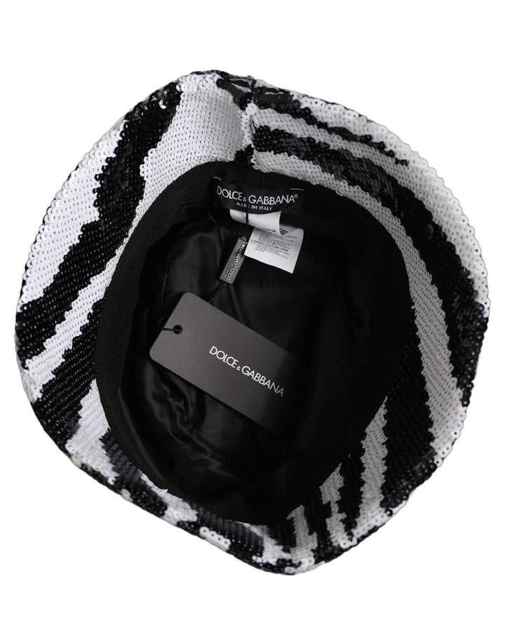 Dolce &amp; Gabbana Men Black White Zebra Sequin Bucket Cap Hat