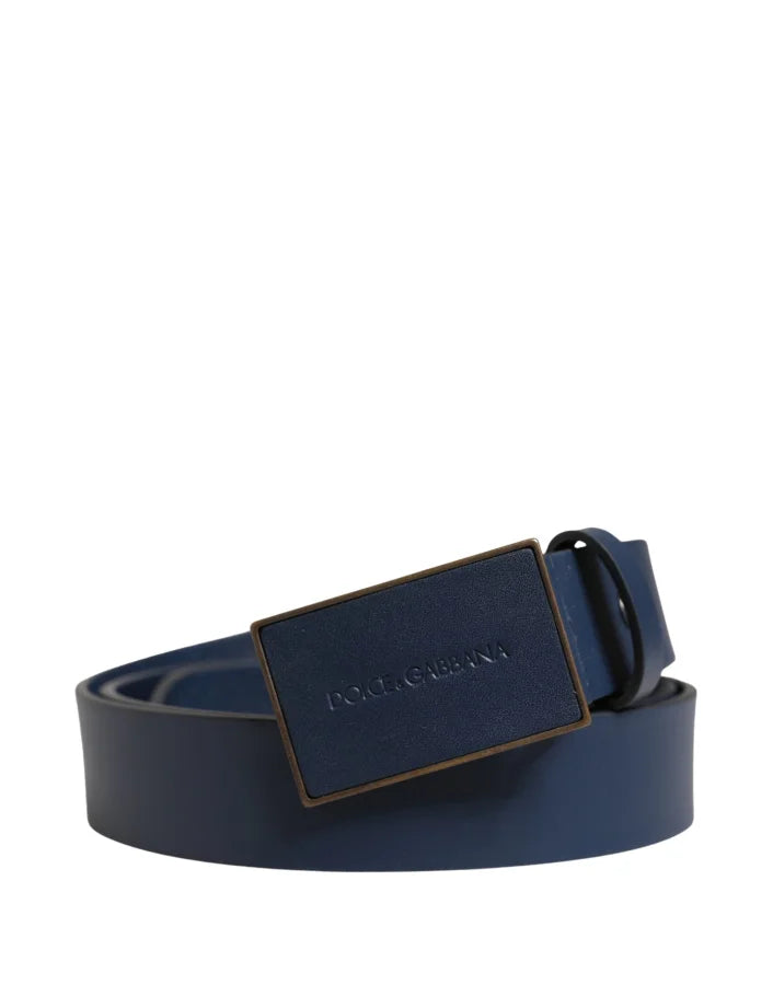 Dolce &amp; Gabbana Men Blue Calf Leather Logo Metal Buckle Belt