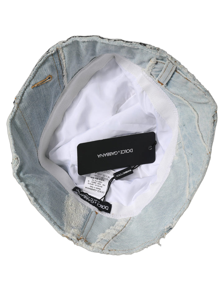 Dolce &amp; Gabbana Men Blue Patchwork Cotton Denim Bucket Cap Hat