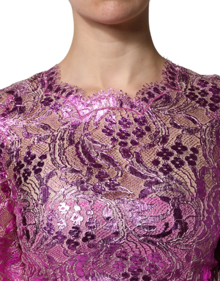 Dolce &amp; Gabbana Metallic Fuchsia Floral Sheath Mini Dress